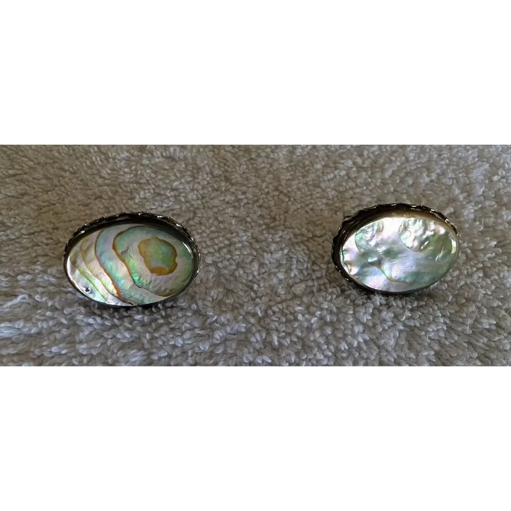 Lot of 2 Vintage Abalone Shell Cufflinks Silver Tone Oval Toggle Back